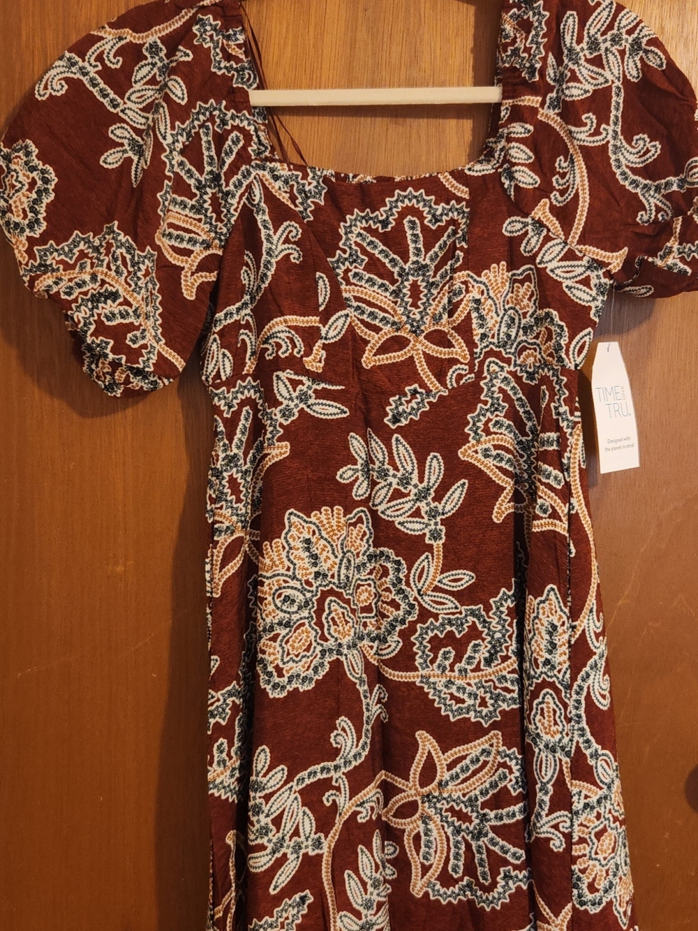 Womens Cute Rust Floral Puff Sleeve Women’s Dress With Puff Sleeves